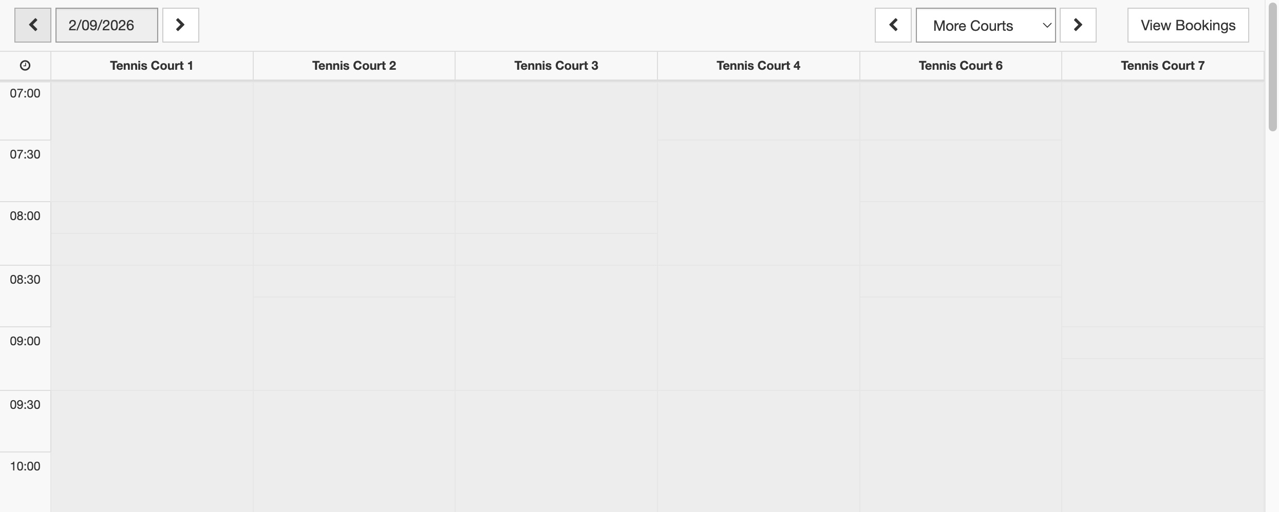 Screenshot of the live court booking sheet